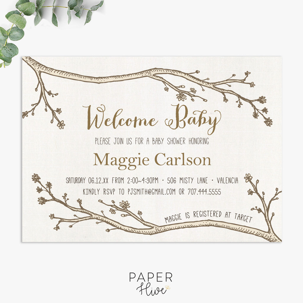 woodland baby shower invitation / rustic baby shower invites / gender neutral baby shower / digital file or printed invitations