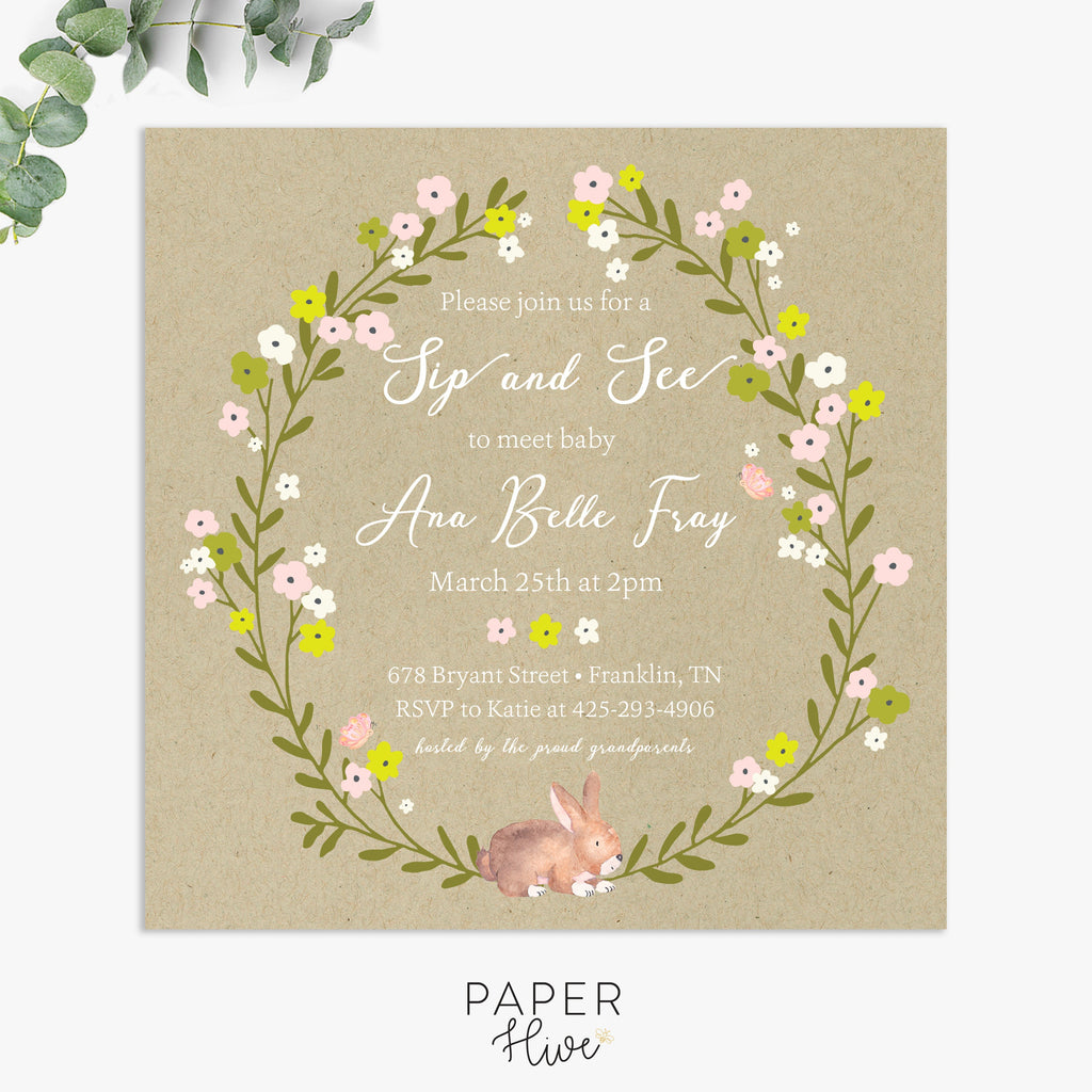 Sip and See baby shower invitations / rustic sip and seeinvites /  digital file or printed invitations