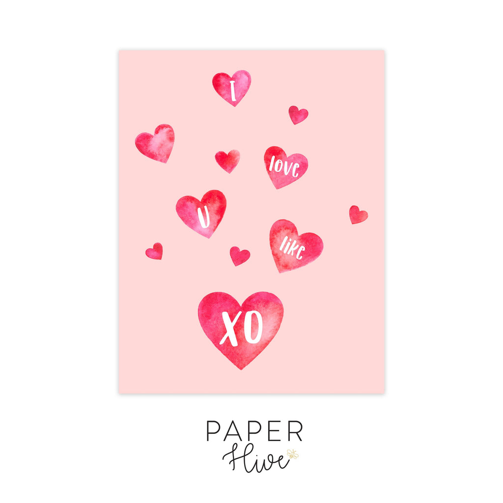 i love you like xo valentine card / love card  / watercolor hearts greeting card